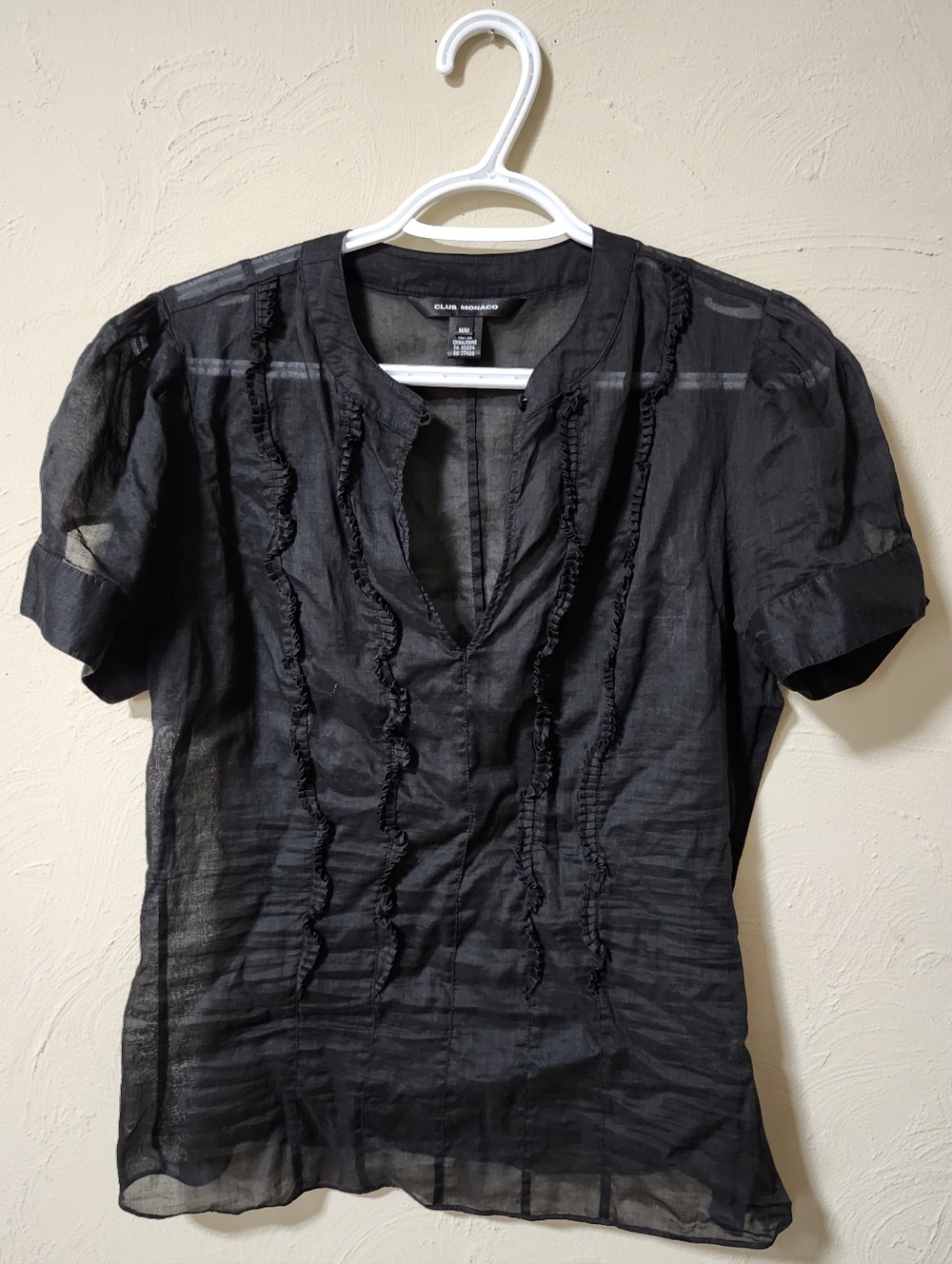 Club Monaco Black Short-Sleeve Ruffle-Trim Shirt